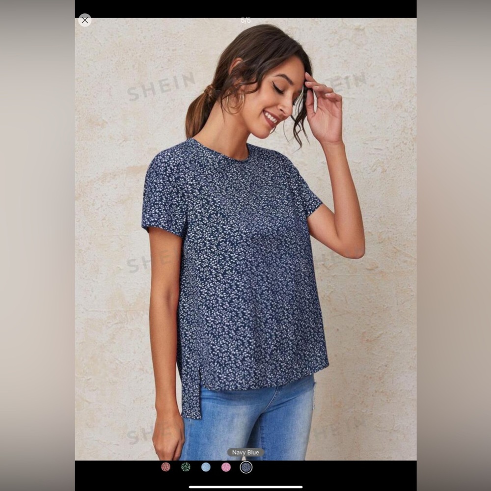 SHEIN LUNE Small Floral Print Short Sleeve Shirt